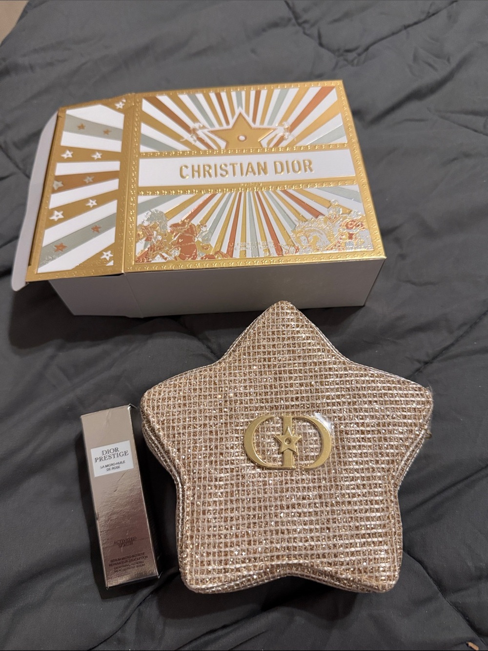 Dior Metallic Gold Star Pouch with Dior Prestige Activated Serum & Gift Box NEW